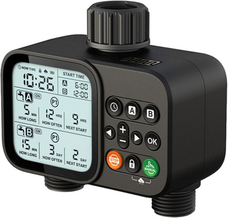 Koogeelife 2-Zonen Gartenschlauch Bewässerungszeitschaltuhr mit 8 programmierbaren Einstellungen, automatischer Regenverzögerung und großem 3,3-Zoll LCD-Display, digital