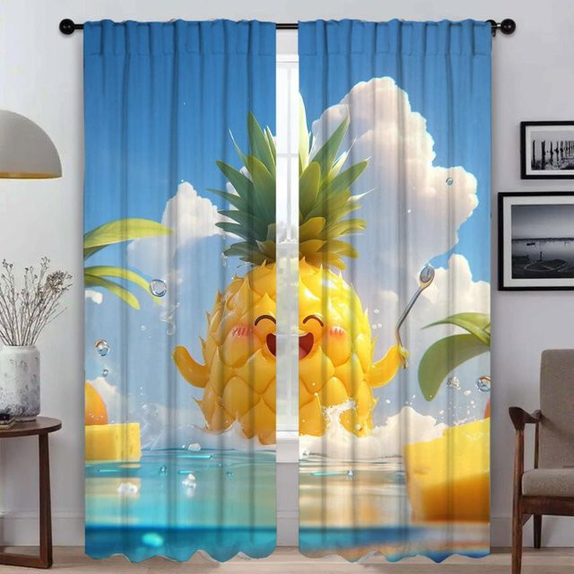Ananas Küchenvorhänge aus Tüll für Wohnzimmer und Schlafzimmer, 2er-Set, Blau, B: 50 cm, H: 70 cm - Bild 1