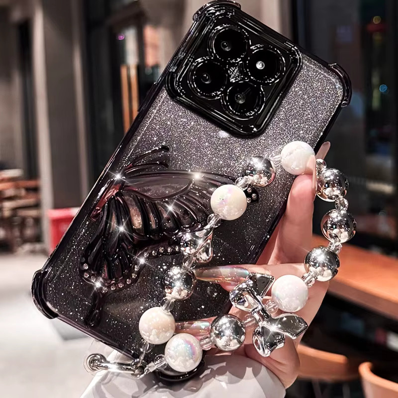 Stoßfeste iPhone Hülle mit glitzerndem Schmetterlings-Design und Armband in Silber von Coatuncle - Bild 2