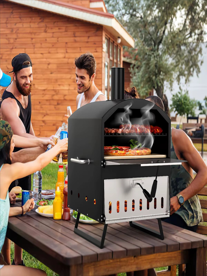 GOFLAME Tragbarer Holzbefeuerter Pizzaofen für den Außenbereich in Schwarz mit Pizzastein, Pizzaschieber, Grillrost und Abdeckung, B/T/H: 83 x 61 x 53 cm - Bild 6