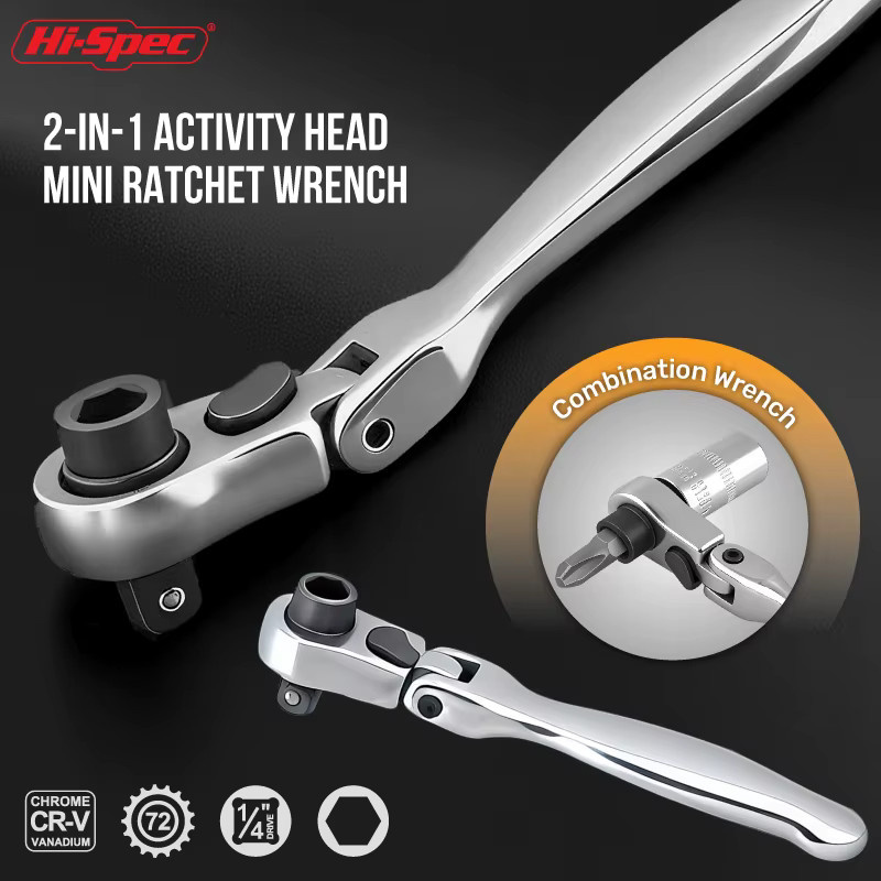 Hi-Spec 2-in-1 Mini-Ratschenschlüssel mit Flexkopf aus Chrom-Vanadium-Stahl in Silber, 1/4 Zoll - Bild 2