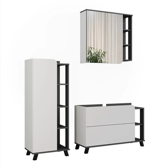 Vicco Badmöbel-Set Karen in Anthrazit und Weiß, 3-teilig mit Waschtischunterschrank und Spiegelschrank mit LED-Beleuchtung - Bild 1