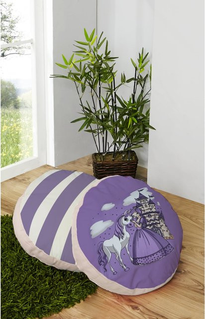 TiCAA 2-teiliges rundes Kissen-Set für Kinderzimmer mit Tiermotiven und Streifen, Farbe: Lila, Durchmesser: 40 cm, Material: Baumwolle - Bild 1