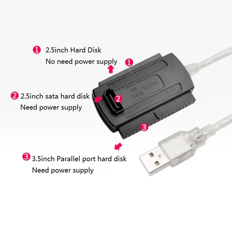 USB 2.0 Adapter für 2,5 und 3,5 Zoll IDE und SATA Festplatten, USB-zu-IDE-SATA Schnittstelle für PC und Laptop, Schwarz - Bild 2