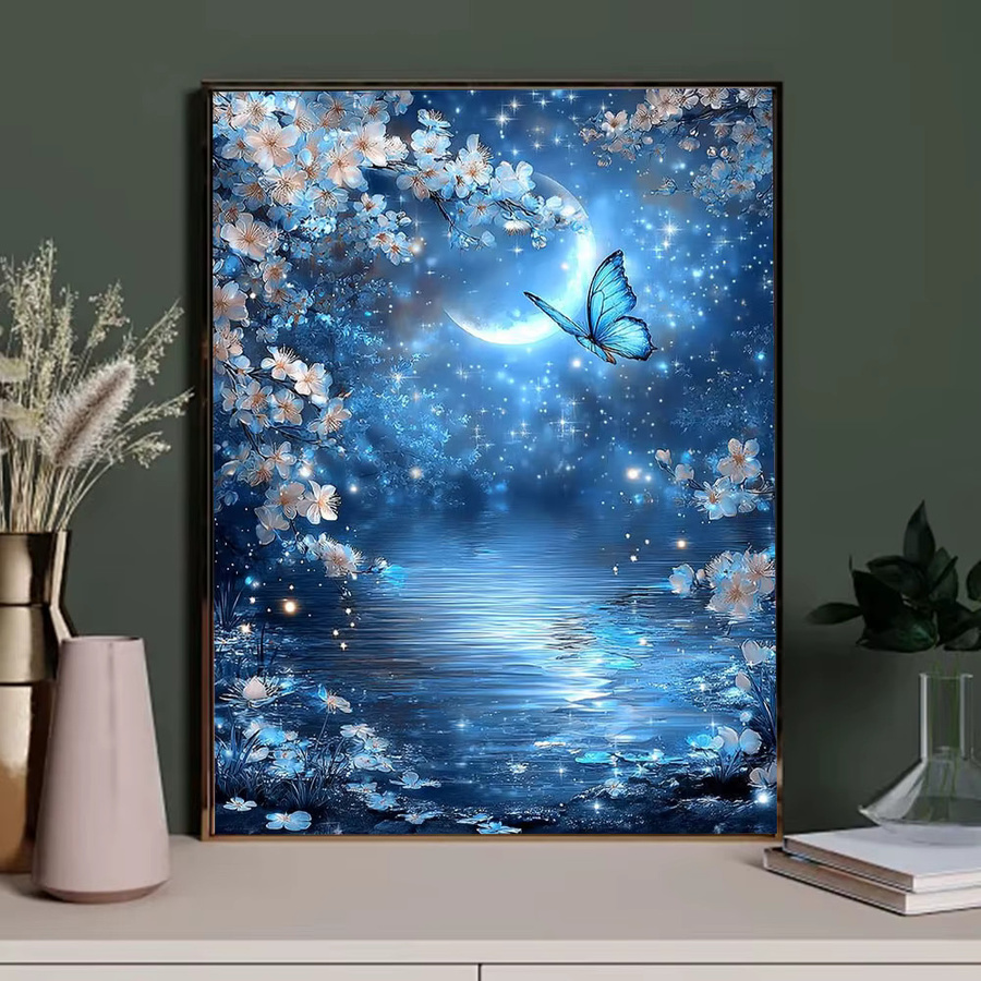 Huacan 5D DIY Diamantmalerei Mond Schmetterling und Blumen Landschaft in Blau, B/H: 20 x 30 cm - Bild 3