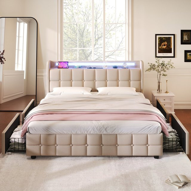 Aosom Doppelbett mit 4 Schubladen, USB-Anschluss und LED-Beleuchtung, Beige, B/T/H: 144,5 x 220 x 103,5 cm - Bild 1