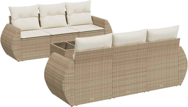 vidaXL 7-teilige Garten-Sofagarnitur aus Polyrattan in Beige mit Kissen und Tisch - Bild 1