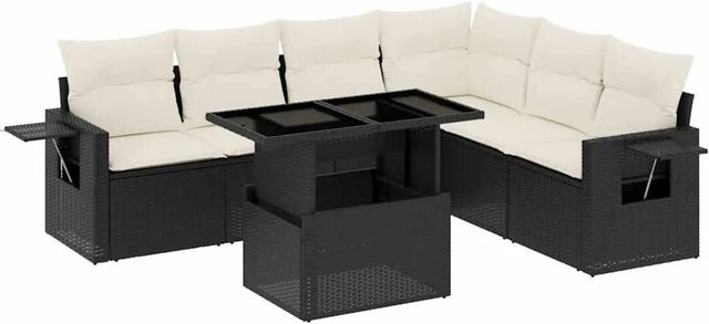 vidaXL 7-teilige Garten-Sofagarnitur in L-Form aus Poly-Rattan mit Kissen in Schwarz-Creme - Bild 1