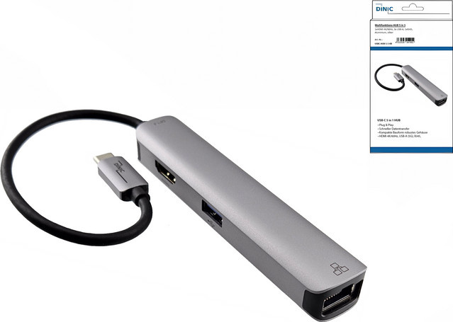 DINIC USB-C 5-in-1-Dockingstation mit HDMI 4K/60Hz, RJ45 Ethernet und 3x USB-A 5G in Silber aus Aluminium - Bild 1