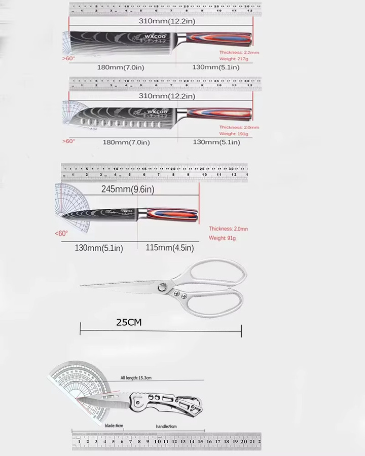 WXCOO Japanisches Profi-Küchenmesser-Set mit Santoku-Messer, Hühnerknochenmesser und Küchenschere - Bild 3