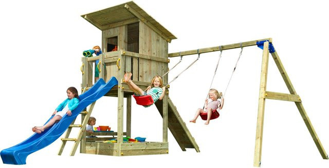 Spielturmking Spielturm BEACH HUT, mit Rutsche, Kletterrampe, Doppelschaukel, Blau - Bild 1