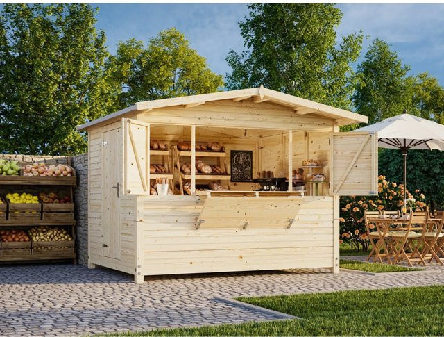 Palmako Marktstand Marian aus Fichtenholz mit Satteldach und PVC-Plane, Weiß, B/T/H: 328 x 284 x 245 cm - Bild 1