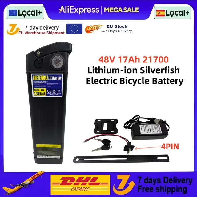 Aleaivy Silverfish Lithium-Ionen Fahrradbatterie 48V 17Ah in Schwarz mit integriertem BMS und Ladegerät, kompatibel mit Bafang 250W-1000W Motoren - Bild 1
