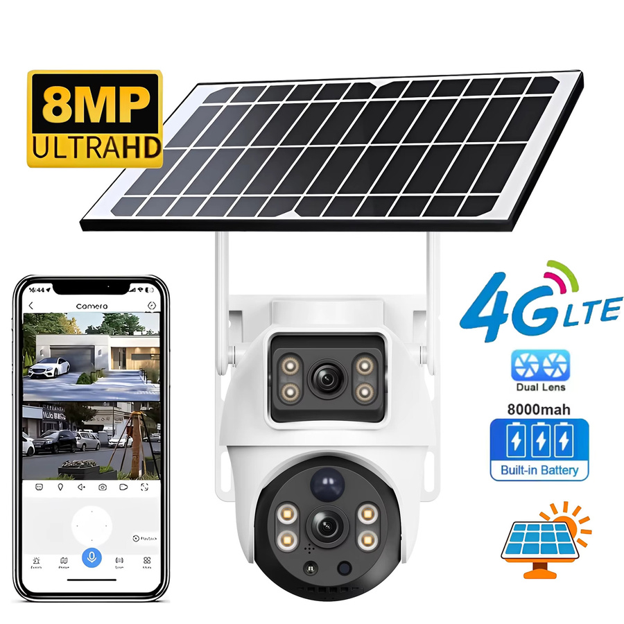 V380 Solar 4G Kamera mit Dual Lens und Dual View, 8MP 4K PTZ Überwachungskamera mit Nachtsicht und SIM-Karten-Unterstützung, Weiß - Bild 6