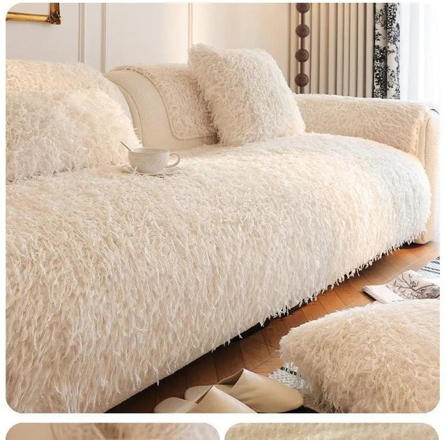 Beige Plüsch Sofa Abdeckung aus Samt und Kunstfell, rutschfeste Sofadecke für den Winter, B/B: 90 x 90 cm - Bild 1