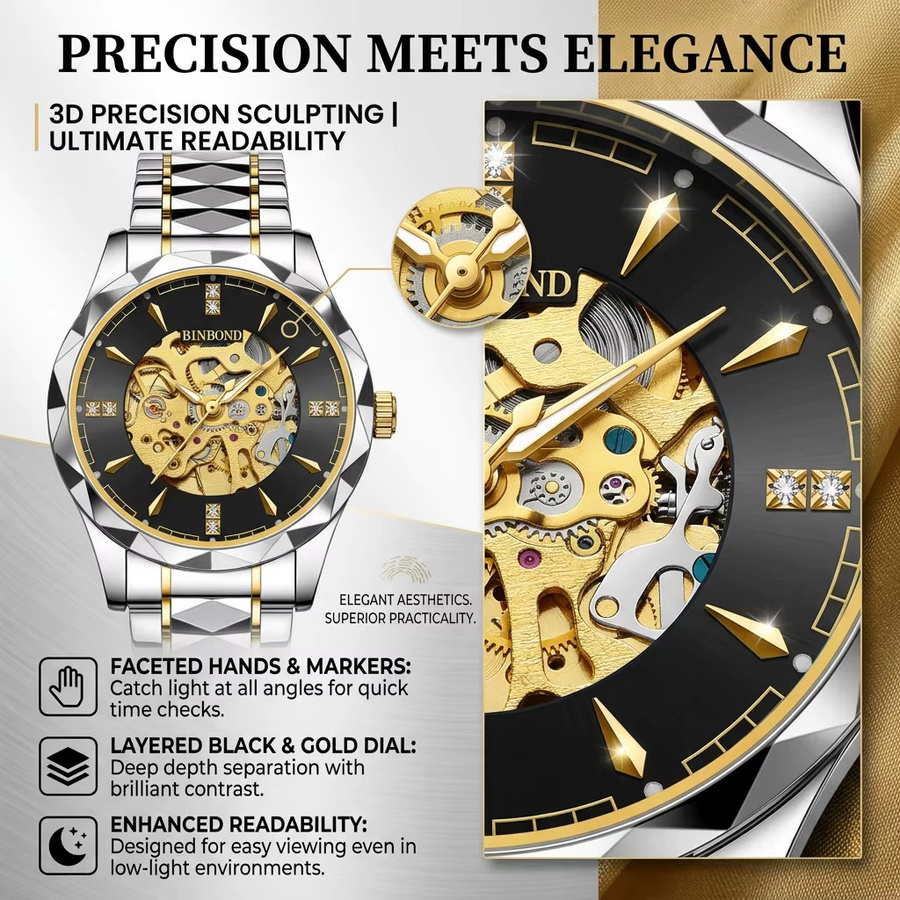 BINBOND Armbanduhr, Automatik, Edelstahl, Bicolor, Gold, Herren - Bild 3