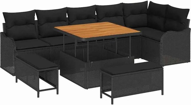 vidaXL Garten-Sofa-Set 9-teilig aus Poly Rattan und Akazienholz in Schwarz - Bild 1