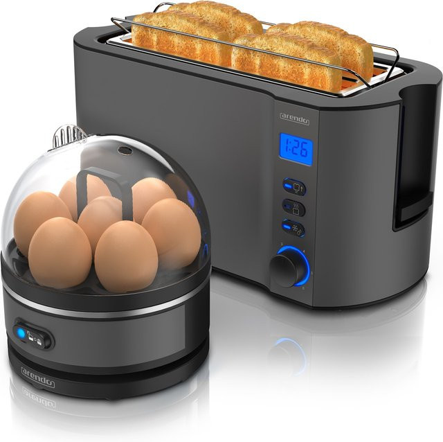 Arendo Frühstücks-Set MANHA Toaster und SEVENCOOK Eierkocher aus Edelstahl in Grau/Silber mit LED-Display, 4 Scheiben und Eierkocher für 1-7 Eier - Bild 1