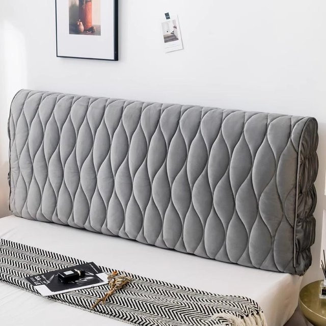 Luxuriöser Plüsch-Bettkopfteilbezug aus Samt in Grau, gesteppter Kopfteilbezug von Super Six, B: 180 cm, H: 65 cm - Bild 1