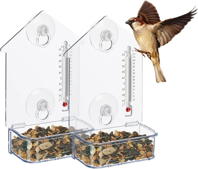 Relaxdays Fenster Vogelfutterhaus aus Acryl in Transparent mit Thermometer, B/T/H: 17 x 11,5 x 5 cm - Bild 1