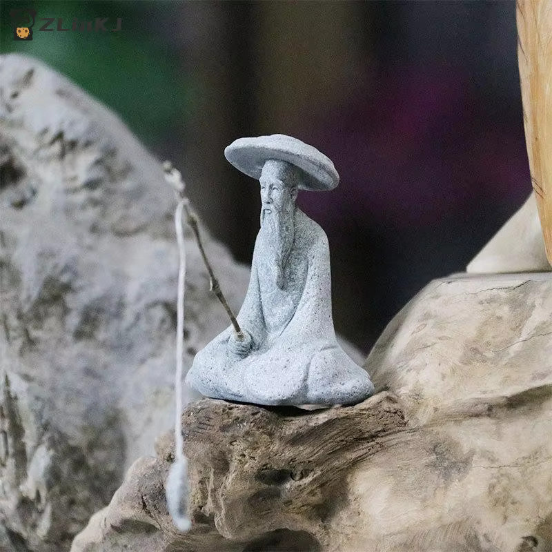 JETTING Mini-Fischer-Statue aus Sandstein in Grau als asiatische Zen-Dekoration für Aquarium und Garten - Bild 3
