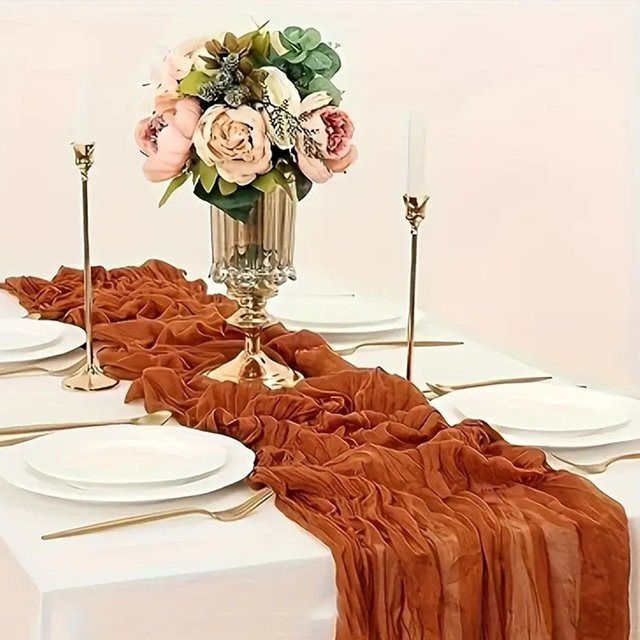 Boho Crinkle Tischläufer aus Gaze in Terrakotta, rustikaler Tischläufer für Hochzeiten und Partys, Breite: 90 cm, Länge: 300 cm - Bild 1