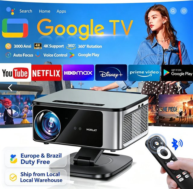 HORLAT T10PRO MAX Google TV Beamer Full HD 1080P mit 3000 ANSI Lumen, Autofokus, WiFi 6 und 4K Unterstützung in Silber - Bild 1