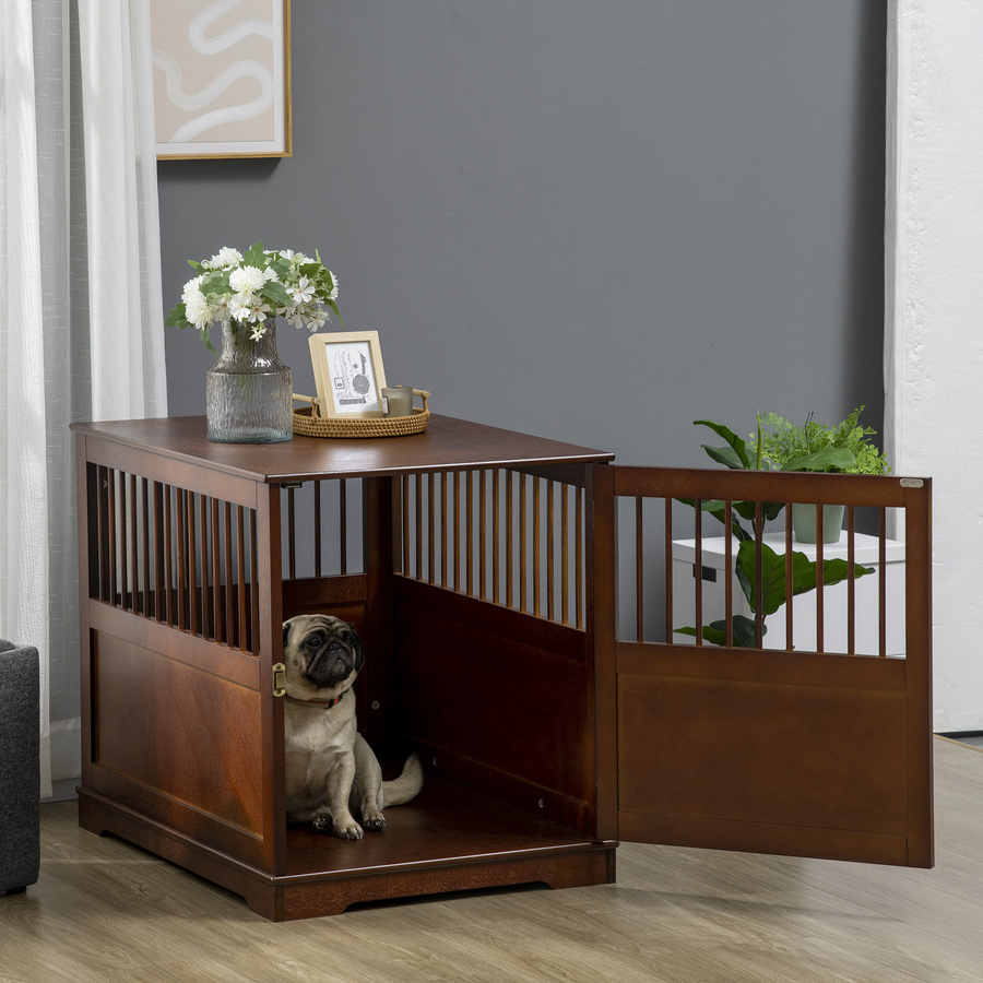 PawHut Hundebox mit Tischplatte als stilvolle Hundehütte für mittelgroße Hunde mit abschließbarer Tür, Braun, B: 80,5 cm, T: 59,5 cm, H: 67,5 cm - Bild 2