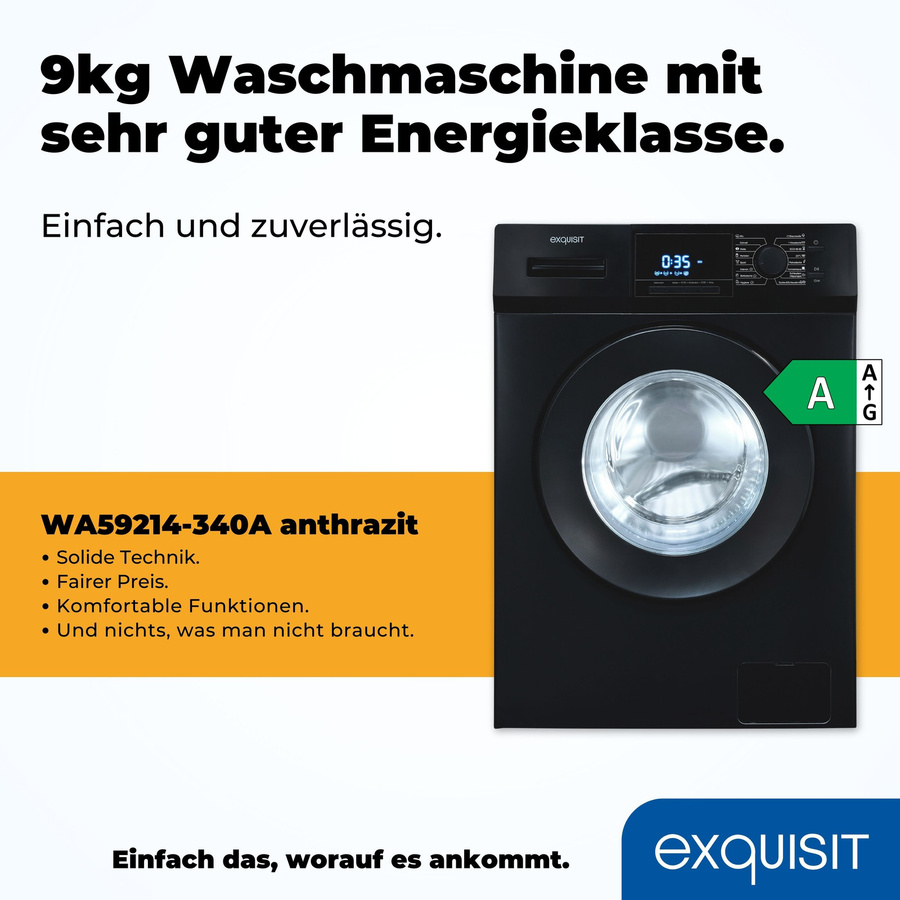 Exquisit Waschmaschine WA59214-340A in Anthrazit mit 9 kg Waschkapazität, 1400 U/min Schleuderdrehzahl und Aquastop - Bild 2