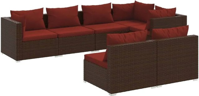vidaXL 7-tlg Garten-Lounge-Set in L-Form aus braunem Poly-Rattan mit Kissen und pulverbeschichtetem Stahlgestell - Bild 1