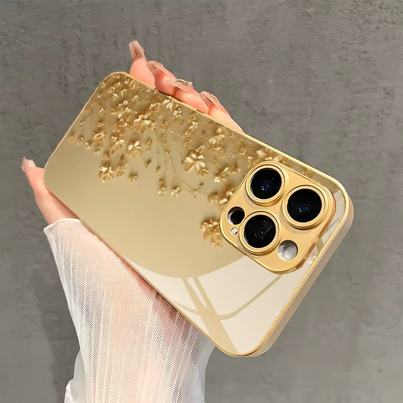 Elegante Handyhülle aus gehärtetem Glas mit goldenem Blumenmuster für Samsung Galaxy S25 Ultra, S24, S23 Plus, S25 FE und S23 Ultra - Bild 2