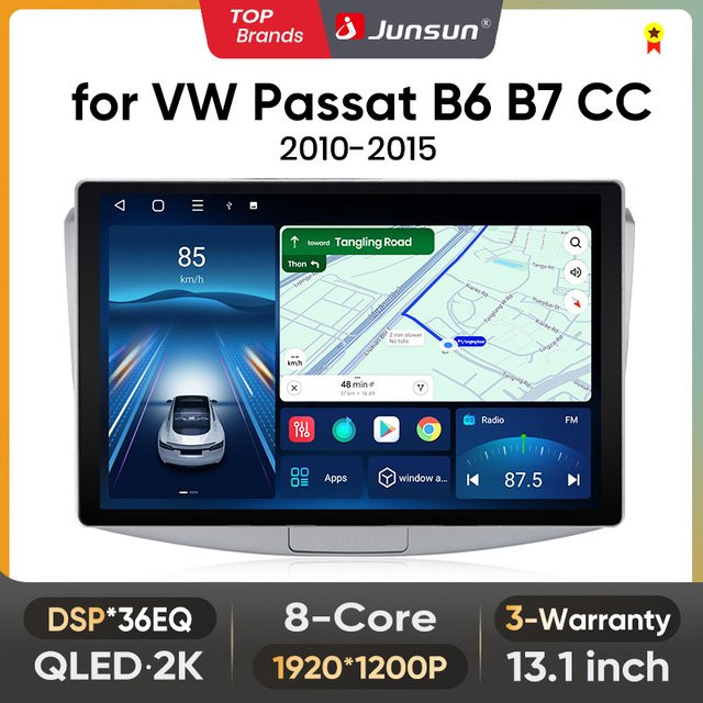 Junsun QLED Android Wireless CarPlay Autoradio für Volkswagen Passat B6 B7 CC 2010-2015, 13,1 Zoll, Schwarz - Bild 1