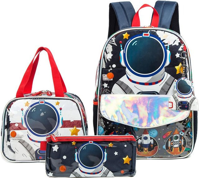 Transparenter Schulrucksack-Set mit Astronautenmuster in Schwarz inklusive Brotdose und Federmäppchen - Bild 1
