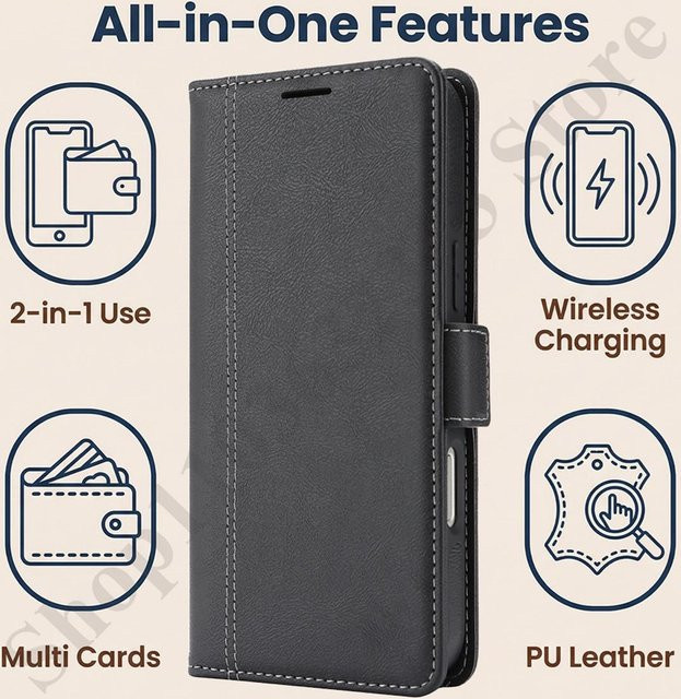 Magnetische Leder-Handyhülle mit Portemonnaie-Funktion und Ständer für Google Pixel 10 Pro XL, 10, 9 Pro, 9, 8 Pro, 8 in Grau, kabelloses Laden kompatibel - Bild 1