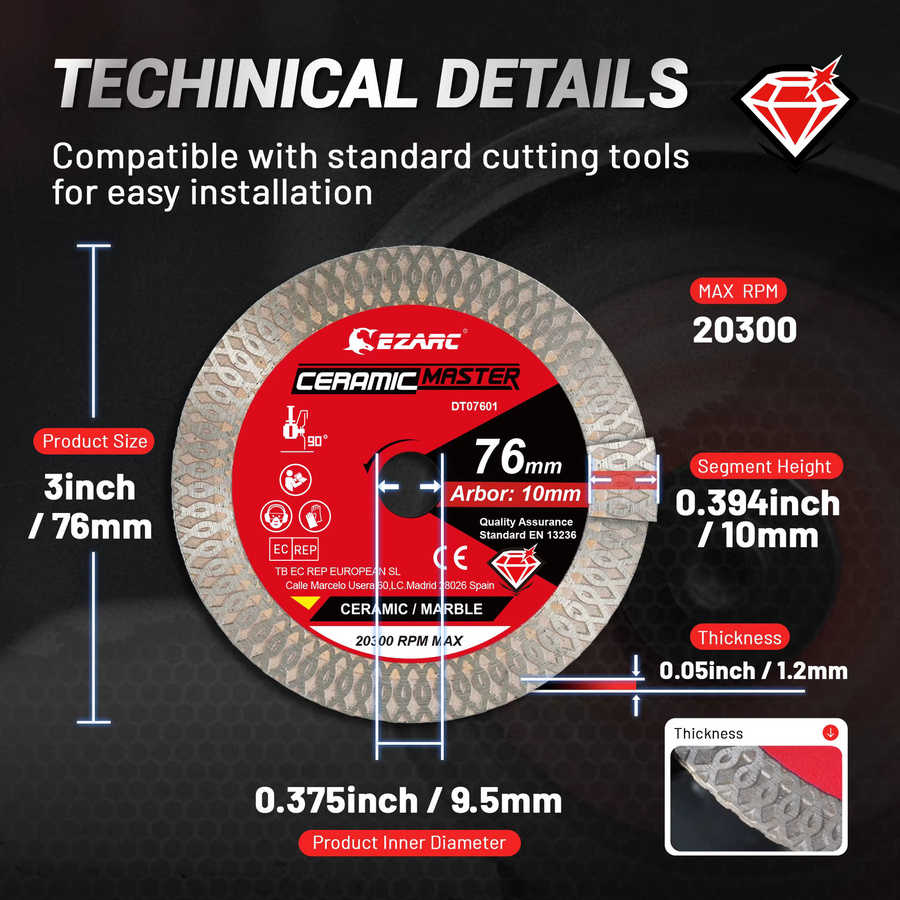 EZARC 2er-Set Diamant-Trennscheiben 76 mm für Kreissägen zum Schneiden von Porzellan, Granit, Marmor, Fliesen und Keramik in Silber - Bild 3