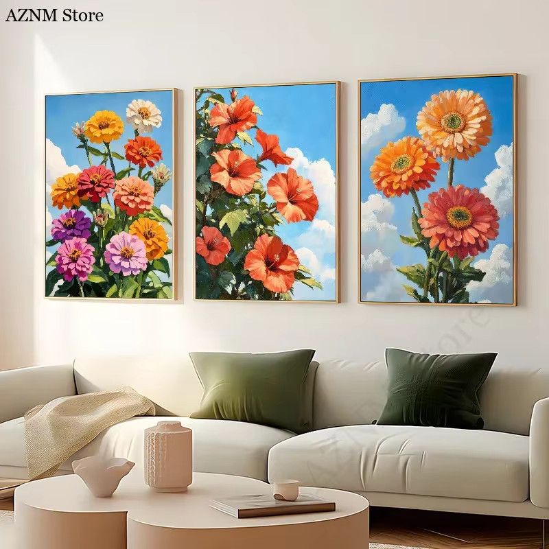 Vintage Blumen Wandbild Potdemiel mit Nelke und Hortensie als Leinwandmalerei im Portraitformat - Bild 2