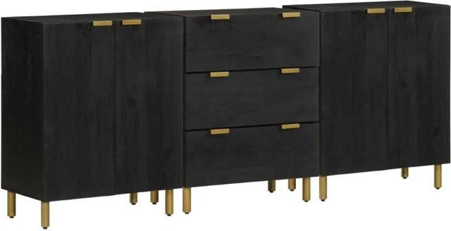 vidaXL Sideboard 3-teilig Schwarz aus Mango-Massivholz und Holzwerkstoff mit Messing-Details B/T/H: 180 x 40 x 75 cm - Bild 1