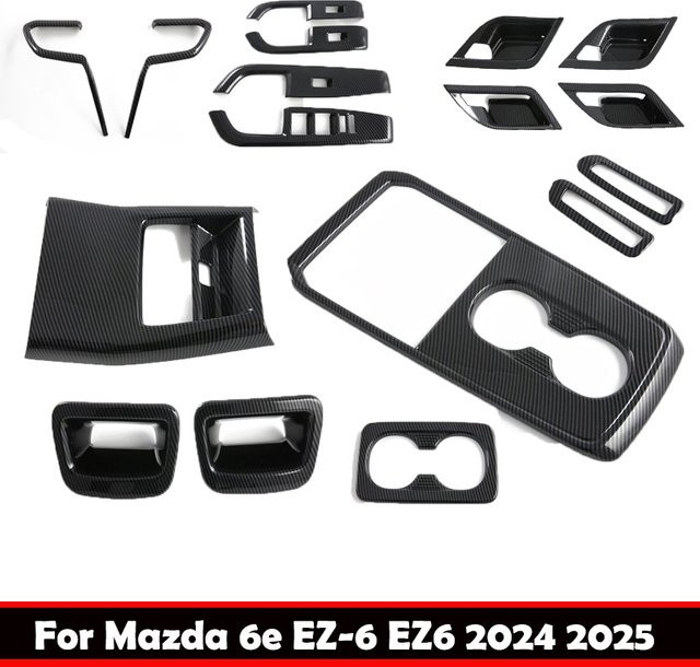 Carbon-Faser Innenausstattung Set für Mazda 6e EZ-6 2024 2025 in Schwarz mit Lenkrad-Abdeckung, Fensterheber-Schalterabdeckung und Schalthebel-Panel von Iyacath - Bild 1