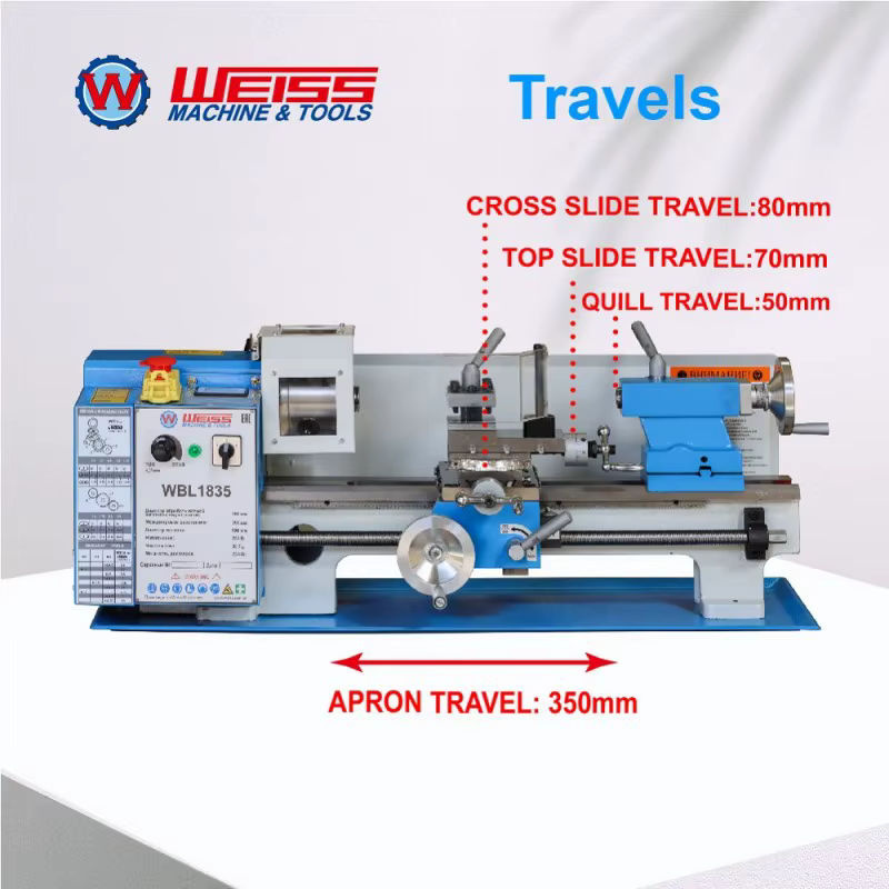 WEISS WBL1835 Tischmetalldrehmaschine in Weiß und Blau mit 750 W, variabler Geschwindigkeit 0–2250 U/min und 32 mm Spindelbohrung - Bild 3