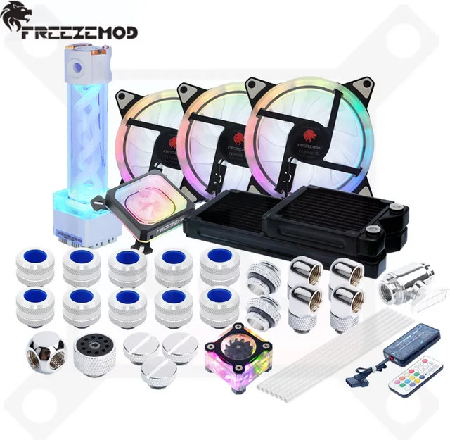 Freezemod Hartrohr-Wasserkühlungsset mit Kupferkühler, CPU-Kühler, PETG-Rohr, AIO-Reservoir und ARGB in Silber und Multicolour - Bild 1
