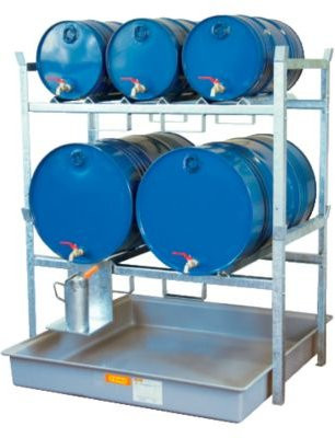 CEMO Fassregal Typ 800 Variante 3 mit Fassauflage und GFK-Auffangwanne, grau/blau, B: 128 cm, T: 128 cm, H: 162 cm - Bild 1