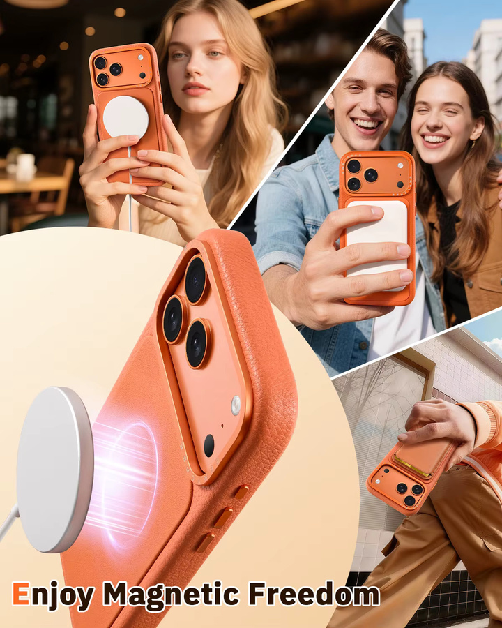 Oatsbasf Leder-Handyhülle für iPhone 17 Pro Max und iPhone 17 Pro mit Magnetfunktion und Kamerasteuerung in Schwarz oder Orange - Bild 2