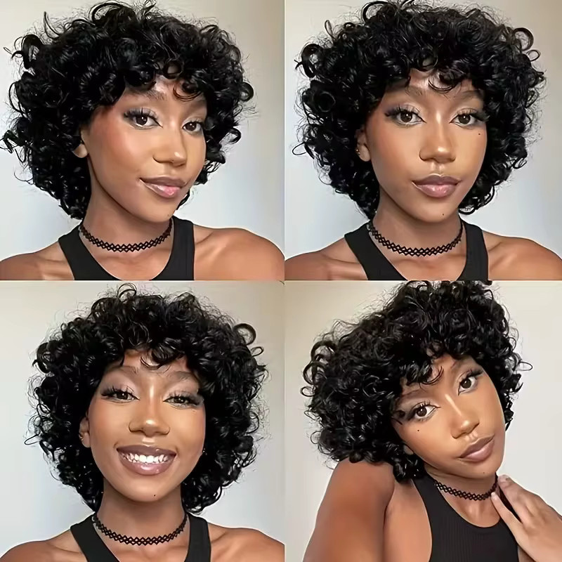 OYM HAIR Bob-Locken-Pixie-Perücke, Echthaar, Schwarz, Damen - Bild 3