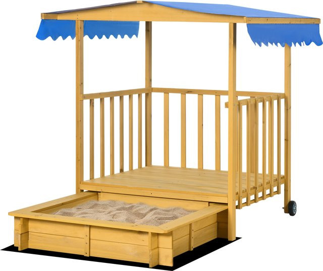 Outsunny Sandkasten ohne Boden mit Dach und Abdeckung, höhenverstellbar, Natur, B/T/H: 107,5 x 107,5 x 110 cm - Bild 1