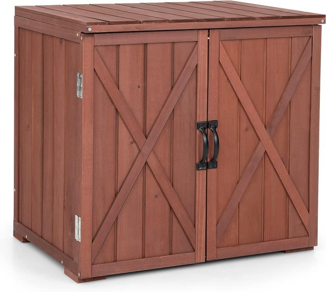 GOFLAME Holz-Aufbewahrungsschrank aus massivem Tannenholz in Braun mit Doppeltüren und internen Regalböden, B/T/H: 77 x 56 x 72 cm - Bild 1