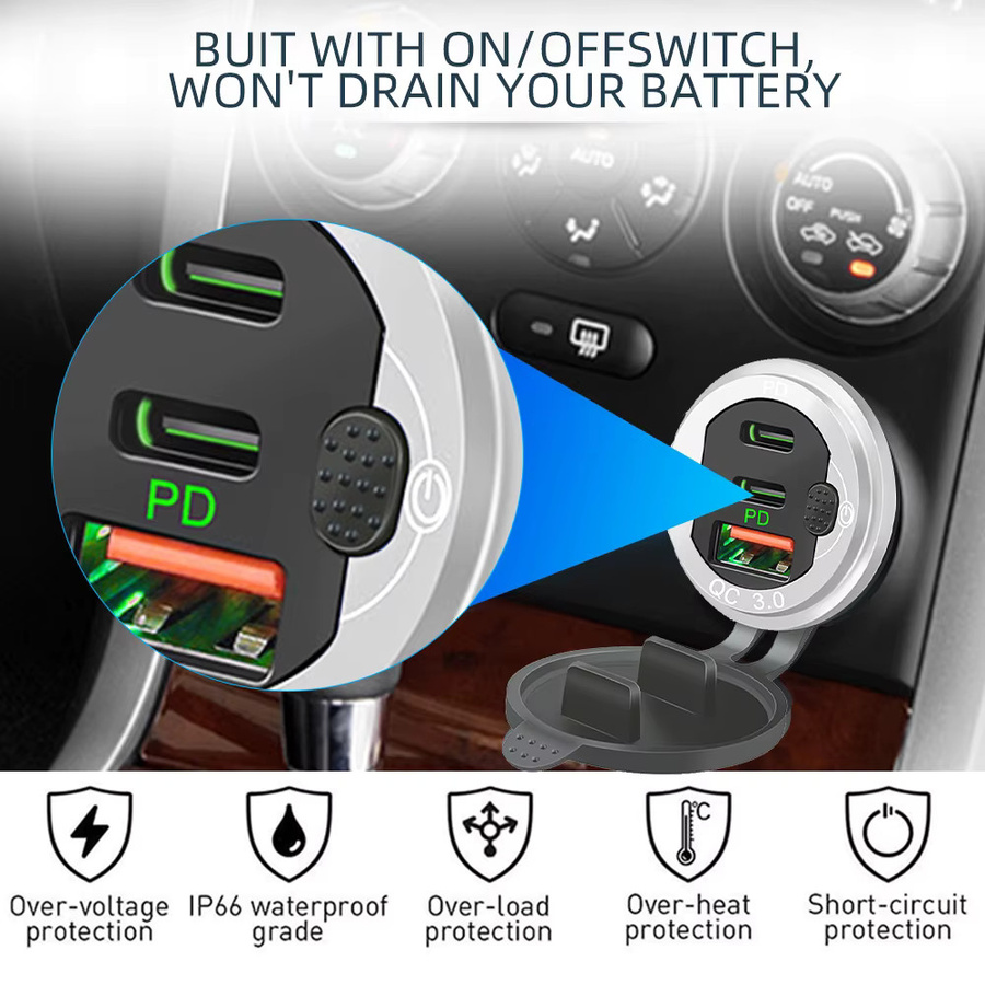Velev 115 W Autoladegerät mit QC3.0 und PD Typ C, Drei USB-Autoladebuchsen mit Voltmeter und Schalter, Aluminium-Metall, Silber - Bild 2