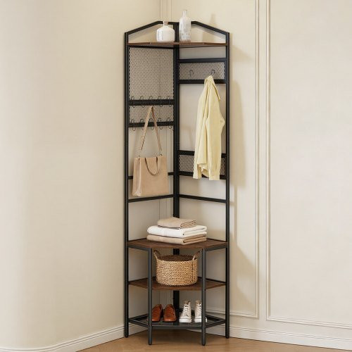 VEVOR Eckgarderobe mit Sitzbank und Haken in Schwarz, Garderobenständer aus Stahl mit Ablagefläche und Kippsicherung, Höhe: 181 cm - Bild 1