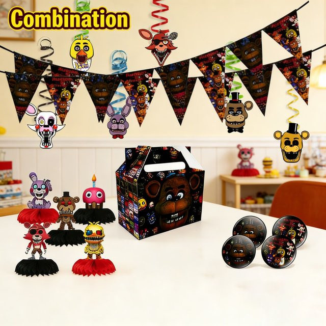 Five Nights at Freddy's Party-Dekorationsset mit Wabenpapier-Boxen, Spiralen und Wimpelketten in Mehrfarbig - Bild 1