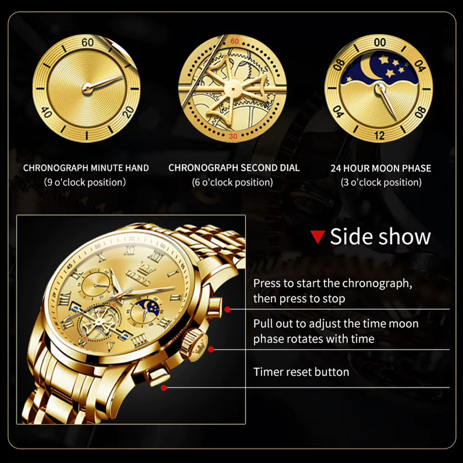 Olevs Armbanduhr Herren, Quarz, Edelstahl, Gold, Blau, Rund - Bild 5