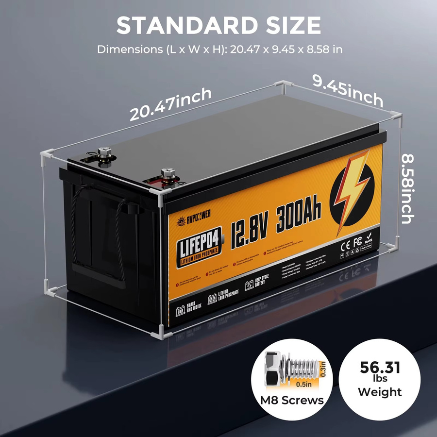 RVPOZWER 12V 300Ah LiFePO4 Batterie mit 200A BMS in Schwarz für Wohnmobile, Solaranlagen und Heimenergie - Bild 7